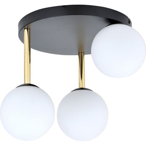 Plafoniera Contemporanea 3 Luci Teseo In Acciaio Nero Oro E Sfere Vetro Bianco (1/5)