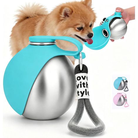 Gourde pour Chien Promenade, Bouteille d'eau pour Chien de Voyage 285ml, Bouteille d'eau Portable 2 en 1, Gourde Portable pour Chien avec Gamelle Pliable en Silicone pour Promenades - Bleu (1/5)