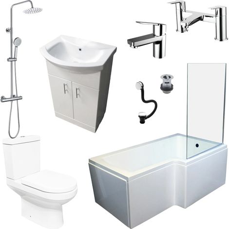 Shower Bath Suite L Shaped Right Hand Inc Vanity Unit Toilet Bath Screen & Taps, With End Panel (1/5)