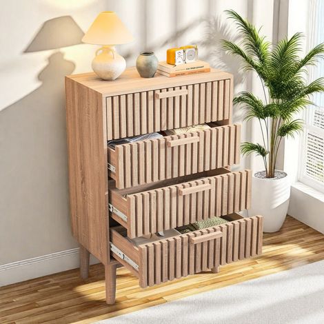 Commode à 4 tiroirs 60 x 34 x 91 cm, bois naturel, façade à lattes, poignées et pieds en bois massif, style scandinave (1/5)