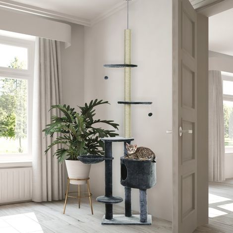 Kratzbaum aus Plüsch und Sisal, dunkelgrau, mehrstöckig mit Höhle und Seitenbett, zum Kratzen, Ruhen und Klettern, 55 x 45 x 220-265 cm (1/5)