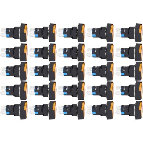 25 Stück quadratische Drucktaster aus ABS-Messing, selbstverriegelnd mit Leuchte für Verteilerkästen, 16 mm, 24 V, gelb (1/5)