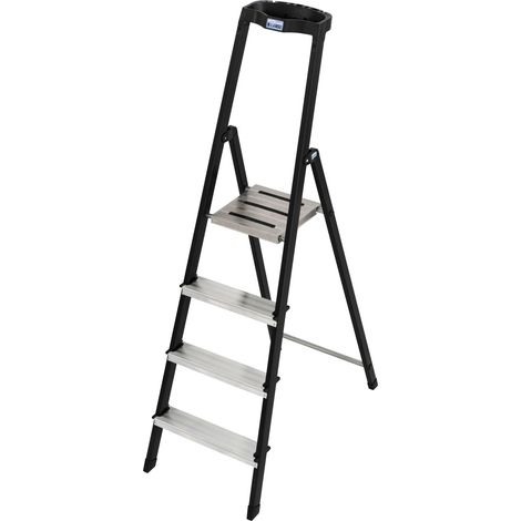Safety Stehleiter 4 Stufen mit Ablage Aluminium 2,85 m chrom/mattschwarz Stehleiter