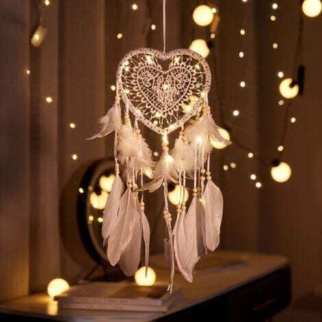 Acchiappasogni a LED, acchiappasogni a piuma illuminato fatto a mano per camera da letto, decorazione per la casa, da appendere alla parete, regalo decorativo per ragazze e bambini, bianco