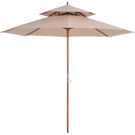 Parasol droit beige bois 2 toits polyester 180 g/m², diamètre 2,7 x 2,6 m, pour jardin ou terrasse. (1/5)