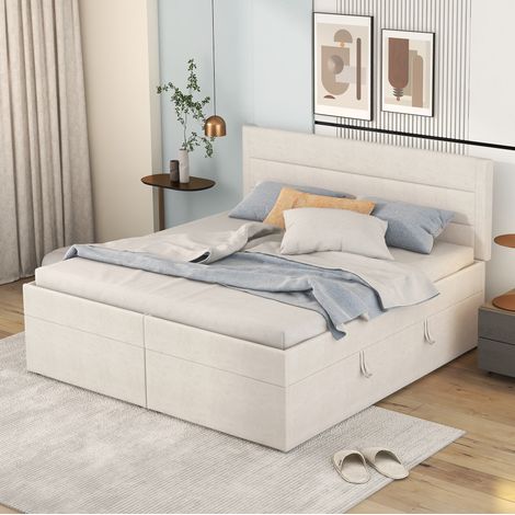 Cama matrimonio con almacenaje 140x200 beige OKMYHOME (1/5)
