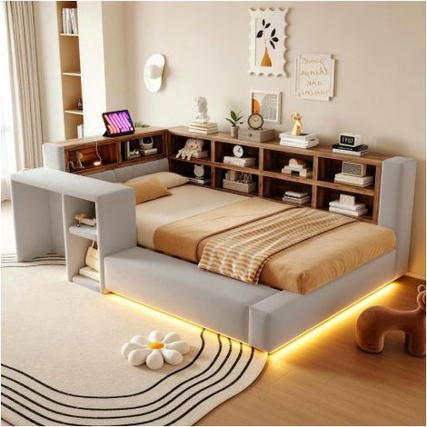 Lit gigogne avec tiroirs 90x200cm Tête de lit avec prises USB - Lit Rangement - Eclairage LED Gris clair et Table de chevet latérale (1/5)