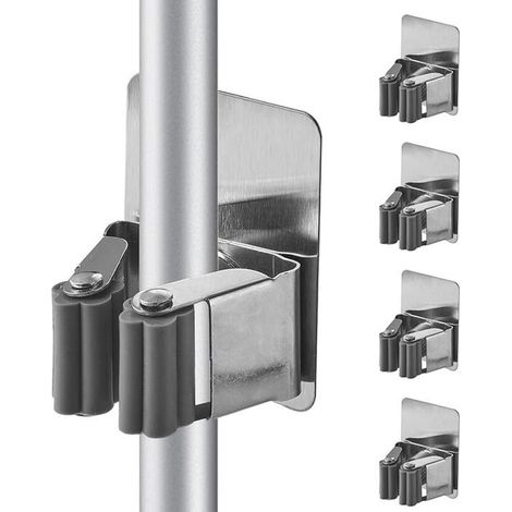 4 pièces, accroche balai mural en acier inoxydable, support balais sans perçage, ventouse + adhésif, pour salle de bain, cuisine et garage (1/5)