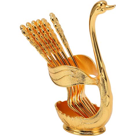 Service de table créatif doré avec support en forme de cygne, comprenant une fourchette, une cuillère à café haut de gamme et un luxueux service à salade. (1/5)