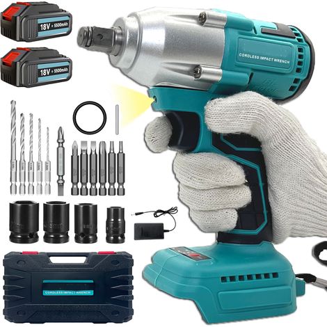 Avvitatore a percussione, avvitatore a batteria 3 in 1, trapano, cacciavite a cricchetto, presa da 1/2" (14/17/19/22 mm), 450 Nm, 2 batterie da 5,5 A, 5 trapani, 7viti, compatibile con batteria Makita (1/5)
