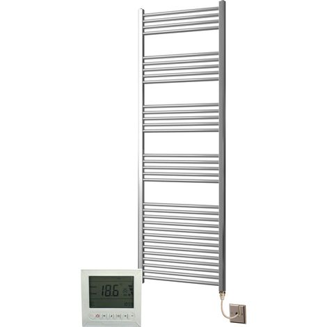 York Flat Chrome Electric Towel Rail 600 x 1800mm Towel Radiator + TIMER / ROOM THERMOSTAT