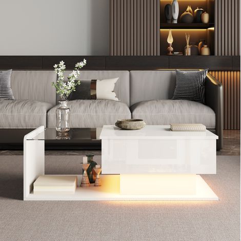 Mesa de centro elevable con tablero de vidrio templado, LED, almacenaje, blanco brillante HAVRYA (1/5)