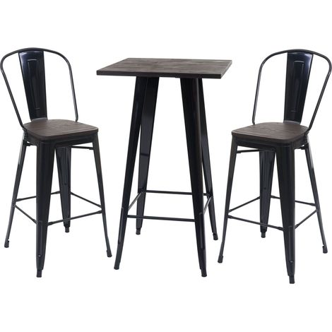 Conjunto de mesa de bar con 2 taburetes tablero de madera de diseño industrial estructura de metal negro 040003070 (1/5)