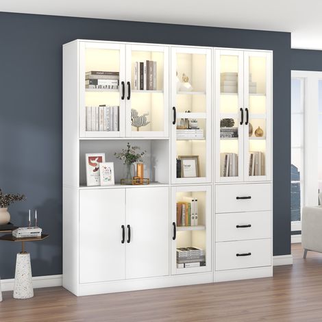 Vitrina combinada 180x40x200 cm, 8 puertas, 3 cajones, LED USB, tablero de partículas y vidrio blanco (1/5)