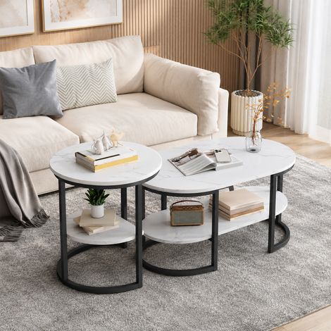 Table Basse, Lot de 2 Table Basse Gigogne, Tables d'Appoint Double Rangement Niveau, Marbre Blanc et Structure en Métal Pieds Noir (1/5)
