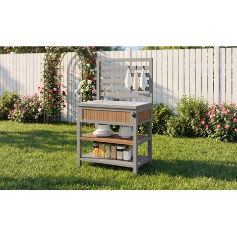 Gartenschrank 80x51x148.5 cm natur Massivholz mit Spülbecken, Wasserhahn, Flaschenöffner und Stauraum (1/5)