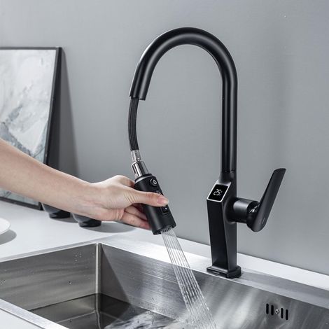 Robinet de Cuisine 3 Voies Noir Extensible avec Affichage Température LED (1/5)