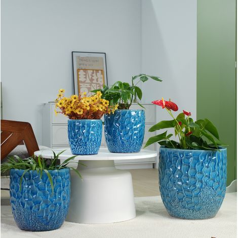 Vaso in ceramica blu Ø22,5 cm con rilievo martellato e drenaggio HAVRYA (1/5)