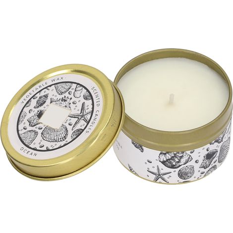 Bougie parfumée aux huiles essentielles de plantes naturelles, cire de soja, en boîte métallique dorée de 70 g, pour un dîner aux chandelles. Parfum océan. (1/5)