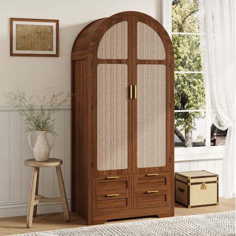 Armario de 2 puertas curvas con barra, estantes y cajones, MDF, nogal HAVRYA (1/5)
