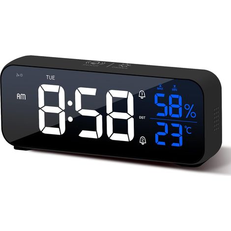 Réveil Numérique, Grande Horloge Numérique LED avec Affichage De la Température et de l'humidité, Alarme Miroir Portable avec Double Alarme, 5 Niveaux de Luminosité, Port de Charge USB, 12/24 h (Noir) (1/5)