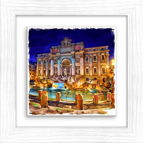 Lupia - Quadro moderno con paesaggi e localismi italiani, Ceramica e Stampa Rilievo, Cornice Legno Shabby Modern bianca, Decorazione Parete, Quadretti Soggiorno, 29x29 cm, ROMA FONTANA DI TREVI (1/4)