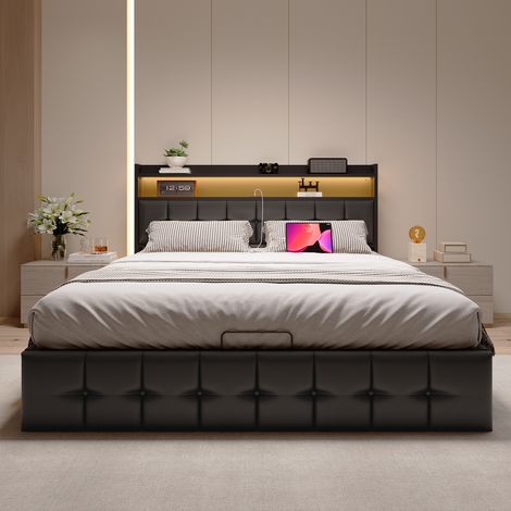 Lit Coffre 140 x 190 cm,Lit avec Éclairage LED et Port USB,avec Rangement et Tete de lit,Lit Double avec Sommier à Lattes,Lit capitonné pour Adultes et Adolescents,Cuir,Noir (1/5)