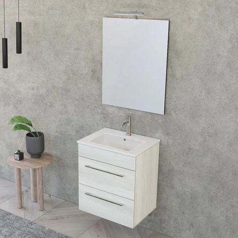 Mobile bagno sospeso 55 cm Smart bianco legno con lavabo e specchio (1/5)