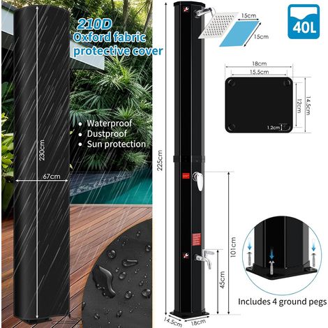 40L Solar Heated Shower Camping Beach Poolside Shower with 360° Swivel Rain Head,Tap,210D Oxford Cover, Black