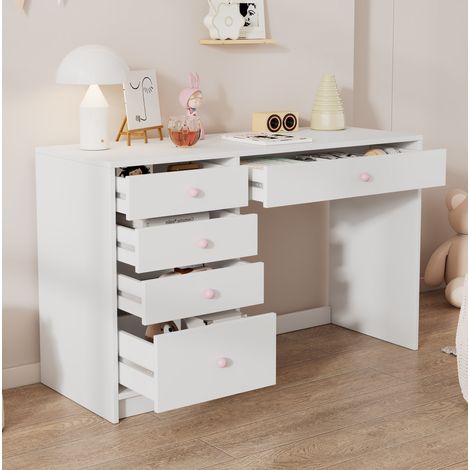 MODFU – Bureau 120x45x74 cm blanc – 5 tiroirs dont 1 profond – Poignées roses céramique – Coiffeuse ou bureau – Blanc/rose (1/5)