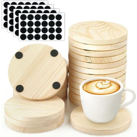 Sous-Plats Bois - Pin Naturel Non Traité - Diamètre 10 cm Épaisseur 8 mm - Pour Boissons Décoration Table DIY - 24 Pièces (1/5)