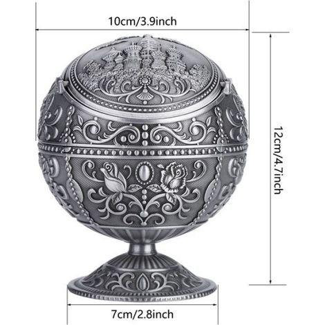 Cendrier - Alliage De Zinc - Motif Château Estampé - Boule Ronde De 10 Cm - Argent - 12 Cm De Hauteur - 405 G - 1 Pièce (1/5)