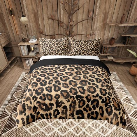Parure de lit 100 % coton avec housse de couette de 135 x 200 cm, motif léopard et safari, respirante et douce, pour enfants, garçons et filles, marron (1/5)