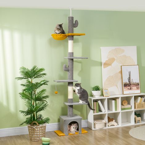 Arbre à chat. hauteur 275 cm. 6 niveaux pour chat d'intérieur. du sol au plafond. avec plate-formes. niche. gris clair