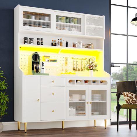 Credenza alta in MDF e vetro bianco con LED USB, ripiani regolabili, cassetto portabottiglie e portacalici, 145x39x171 cm (1/5)