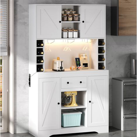 Buffet haut 105x40x180 cm en panneaux de bois blanc, avec rangement et LED pour cuisine FloraGrace (1/5)