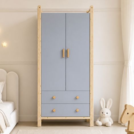 Armoire dressing 90x45x180 cm, 2 portes, 2 tiroirs, tringle, cadre pin, MDF - Bleu et naturel (1/5)