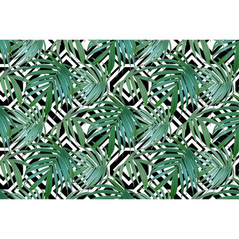 Papier peint panoramique tropical moderne vert, blanc & noir | Tapisserie panoramique feuille exotique pour salon | Papier peint panoramique salon & salle de bain - 267 x 400 cm (4 pièces) (1/2)