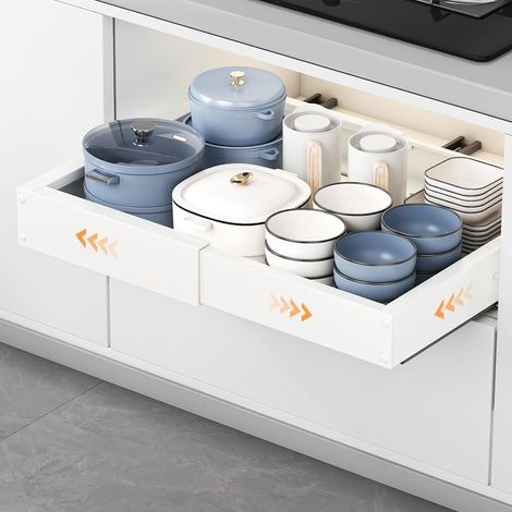 Tiroir Coulissant Cuisine 4 Directions Réglable Blanc 1 Pièce Acier carbone Extensible : largeur 29–48 cm, profondeur 41,5–55 cm Charge 25 kg Sans perçage ou vis Rails amortis (1/5)