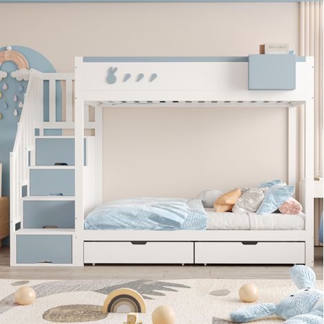 Letto a castello in legno bianco e blu 90x200 cm con cassetti, scala contenitore e rete a doghe inclusa (1/5)