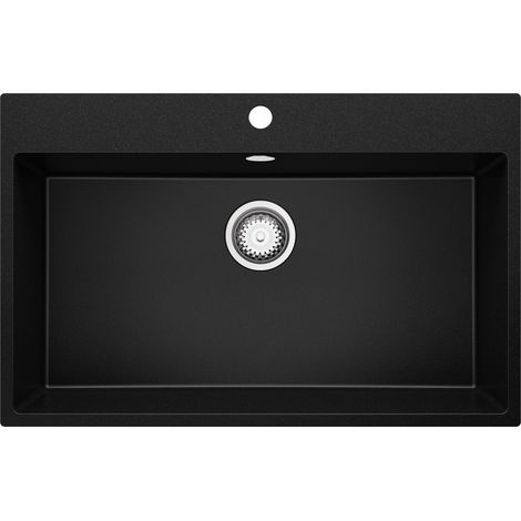 PRIMAGRAN Evier Cuisine en Granit 78x50cm, Lavabo 1 bac + Kit de Vidage, Évier à Encastrer au meuble 80cm - Riga, Noir