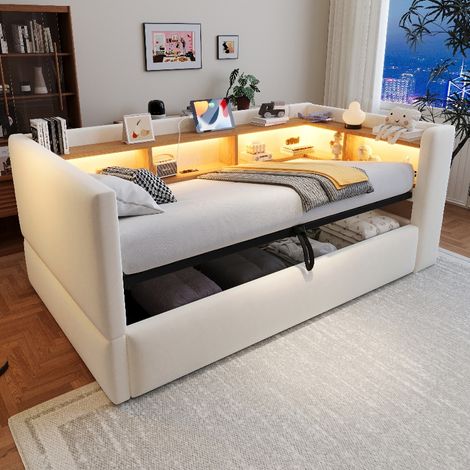 Schlafsofa 90x190 cm mit hydraulischem Stauraum und LED-Beleuchtung, Multifunktionales Polsterbett mit Steckdosen und Ablagefächern, Beige (1/5)