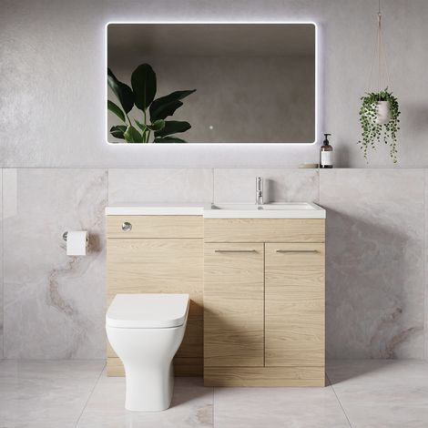 Napoli 390 Light Oak 1100mm 2 Door Vanity Unit Toilet Suite with Square Right Hand Lucia Basin - 1100mm - Chrome 160mm HandleWith Kingston Toilet Pan and Seat