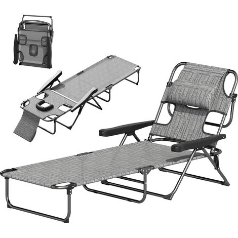 Klappbare Gartenliege mit verstellbarer Rückenlehne (4 Positionen), Leseöffnung, Kopfstütze, 72 x 194 x 31 cm, Grau
