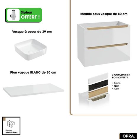 Ensemble meuble sous vasque avec plan et vasque à poser - Siphon OFFERT OPRA Blanc 80 × 60 × 45 cm (1/5)