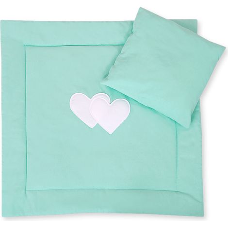Set di biancheria per passeggino con imbottitura, piumone e cuscino - Cuori color menta