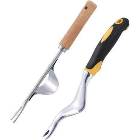 2pcs Désherbeur Manuel en Acier Inoxydable, Outil Gouge de Désherbage en Poignée Bois Outil De Jardinage Désherbeurs Pissenlit Y-Shape Manuelle Désherbage Racine Fourche (1/5)