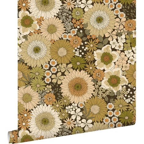 papier peint fleurs rétro vert olive grisé et chameau - ESTAhome (1/5)