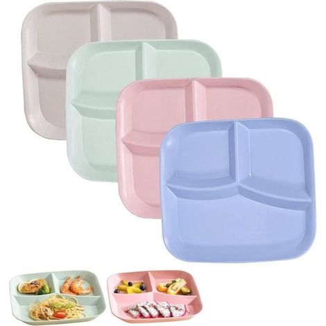 4 assiettes compartimentées, en plastique PP, empilables, compatibles lave-vaisselle et micro-ondes, pour repas équilibrés à la maison ou en collectivité