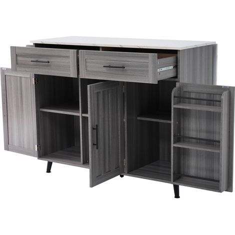 Desserte de cuisine avec plan de travail en marbre blanc, placage bois grain kaki, plateau extensible, rangement et roulettes (1/5)